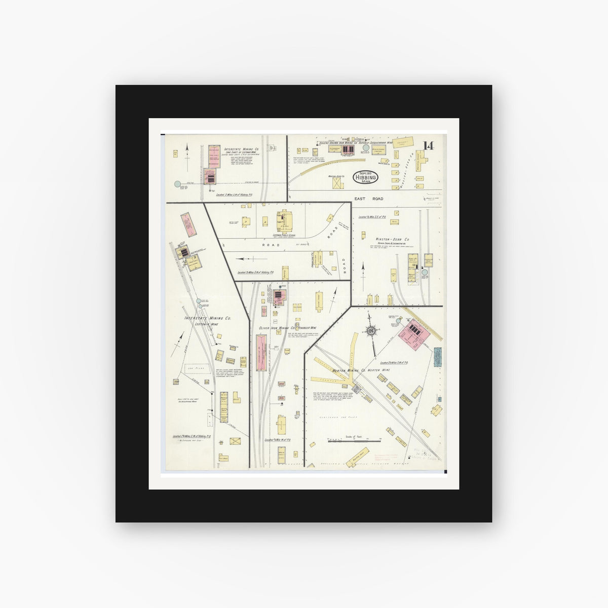 Old map wall art mockup — black gallery frame with white mat — Sanborn Fire Insurance Map from Hibbing, Saint Louis County, Minnesota (1913), Sheet #0014
