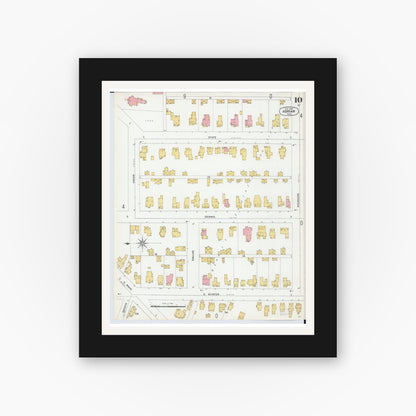 Old map wall art mockup — black gallery frame with white mat — Sanborn Fire Insurance Map from Adrian, Lenawee County, Michigan (1899), Sheet #0010