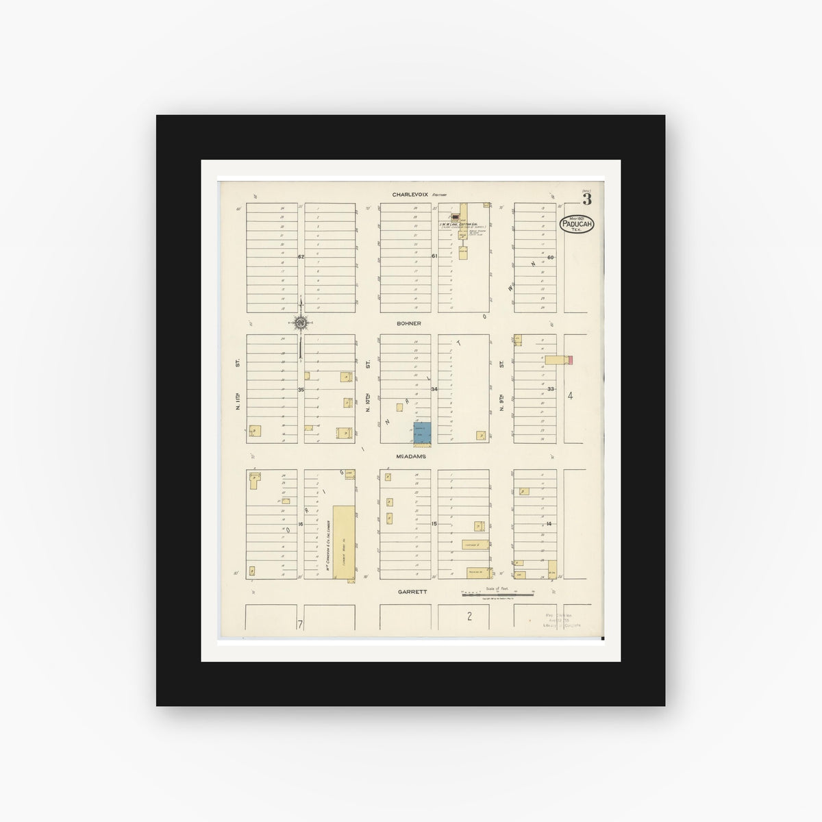 Old map wall art mockup — black gallery frame with white mat — Sanborn Fire Insurance Map from Paducah, Cottle County, Texas (1921), Sheet #0003