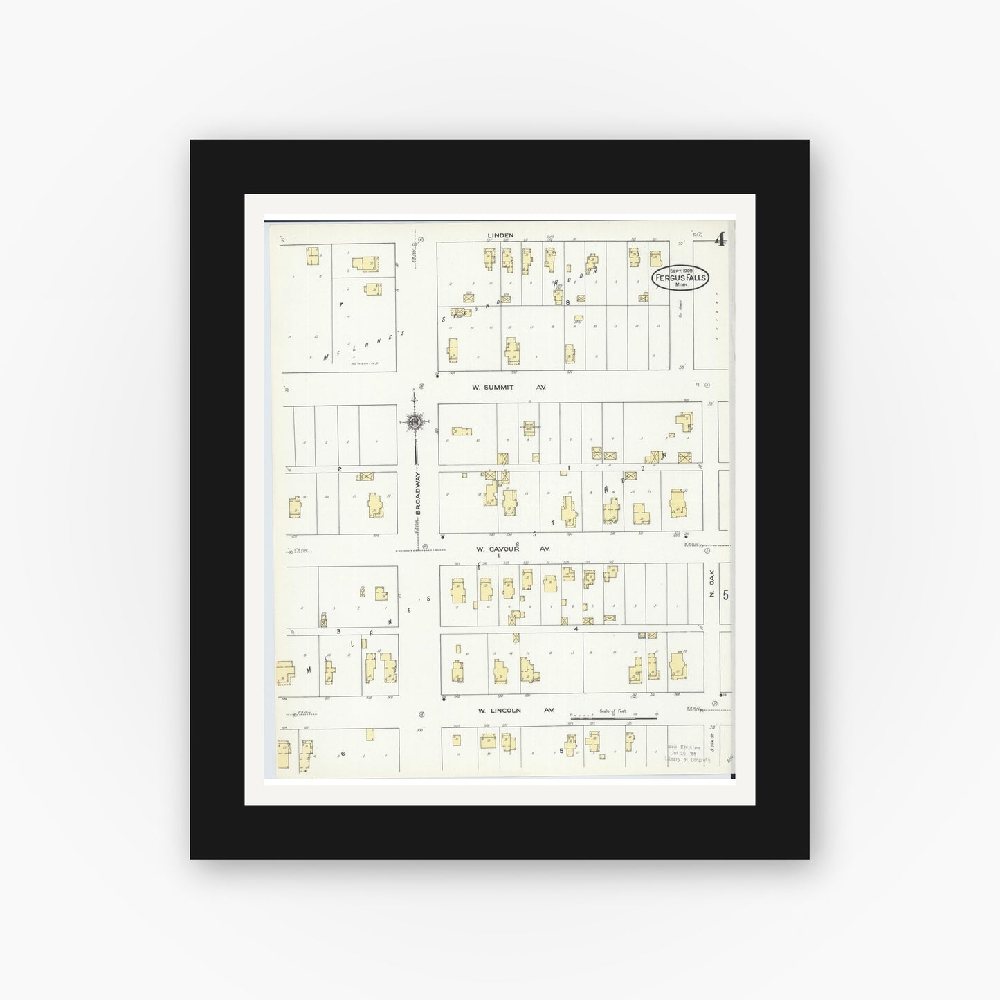 Old map wall art mockup — black gallery frame with white mat — Sanborn Fire Insurance Map from Fergus Falls, Otter Tail County, Minnesota (1909), Sheet #0004
