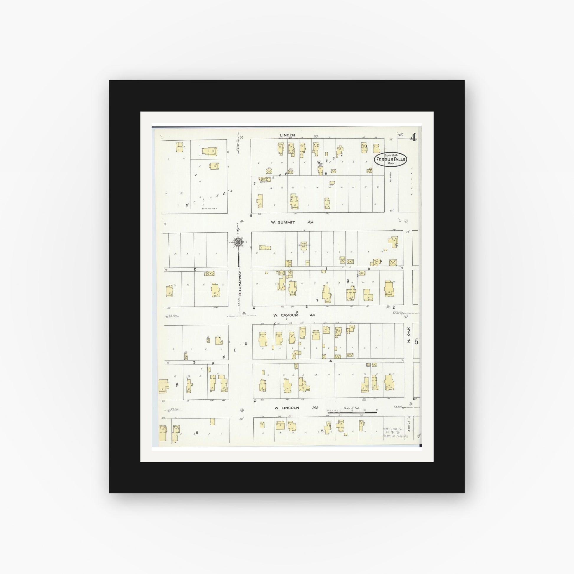 Old map wall art mockup — black gallery frame with white mat — Sanborn Fire Insurance Map from Fergus Falls, Otter Tail County, Minnesota (1909), Sheet #0004
