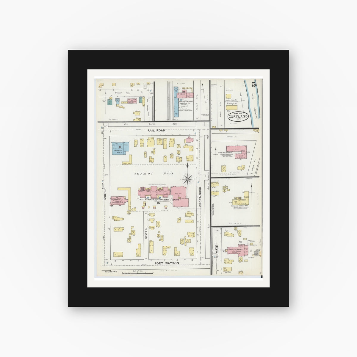 Old map wall art mockup — black gallery frame with white mat — Sanborn Fire Insurance Map from Cortland, Cortland County, New York (1892), Sheet #0005