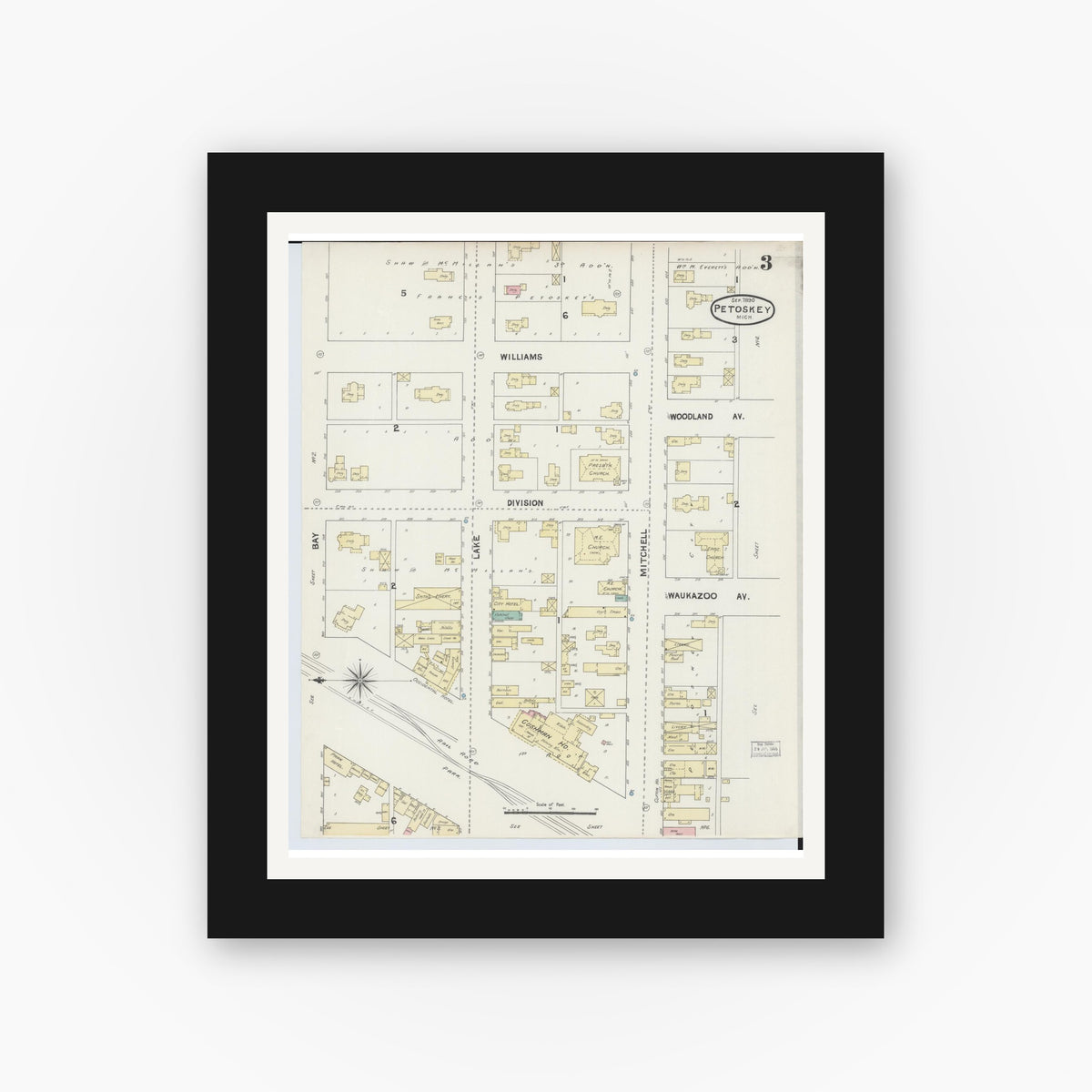 Old map wall art mockup — black gallery frame with white mat — Sanborn Fire Insurance Map from Petoskey, Emmet County, Michigan (1890), Sheet #0003