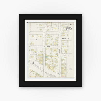 Old map wall art mockup — black gallery frame with white mat — Sanborn Fire Insurance Map from Petoskey, Emmet County, Michigan (1890), Sheet #0003