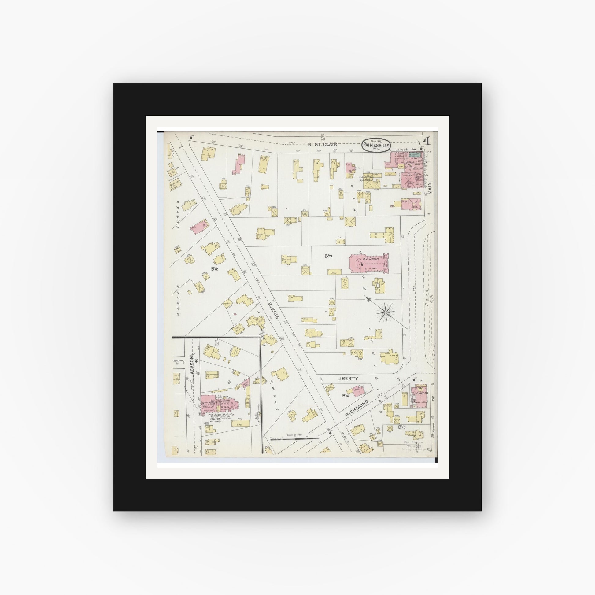 Old map wall art mockup — black gallery frame with white mat — Sanborn Fire Insurance Map from Painesville, Lake County, Ohio (1892), Sheet #0004