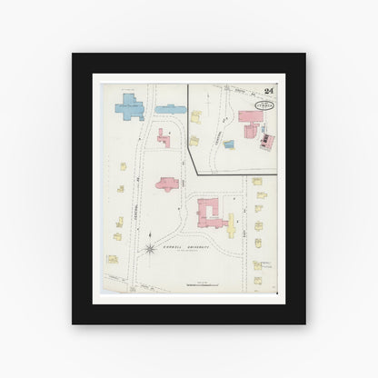 Old map wall art mockup — black gallery frame with white mat — Sanborn Fire Insurance Map from Ithaca, Tompkins County, New York (1893), Sheet #0024