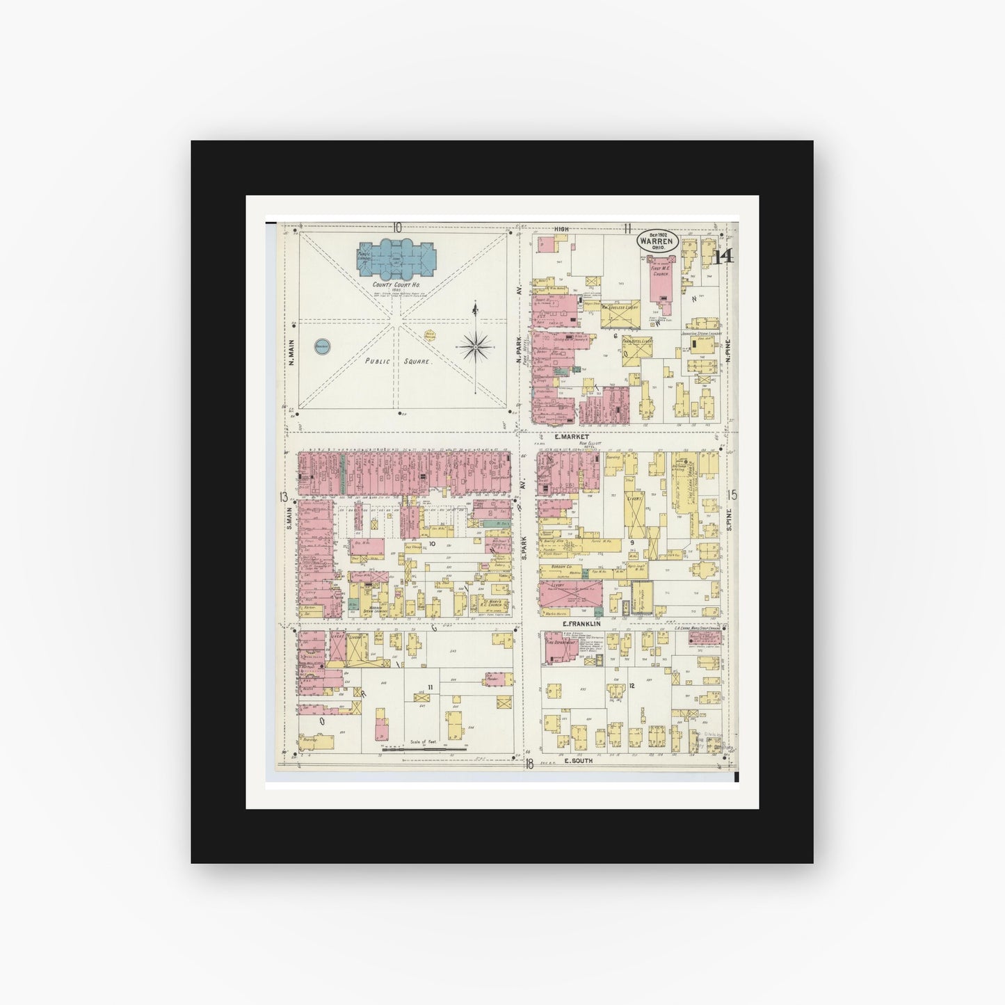 Old map wall art mockup — black gallery frame with white mat — Sanborn Fire Insurance Map from Warren, Trumbull County, Ohio (1902), Sheet #0014