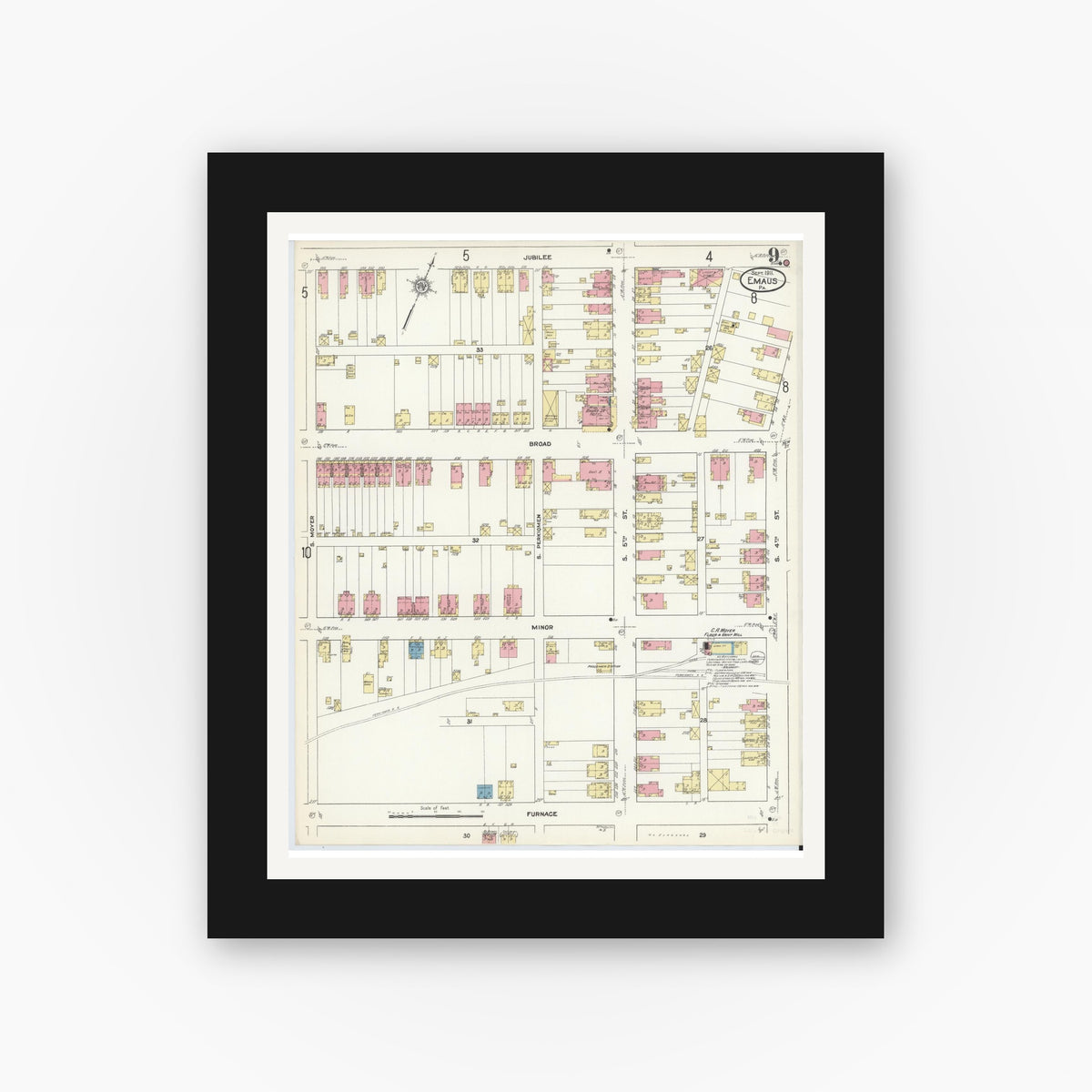 Old map wall art mockup — black gallery frame with white mat — Sanborn Fire Insurance Map from Emaus, Lehigh County, Pennsylvania (1911), Sheet #0009