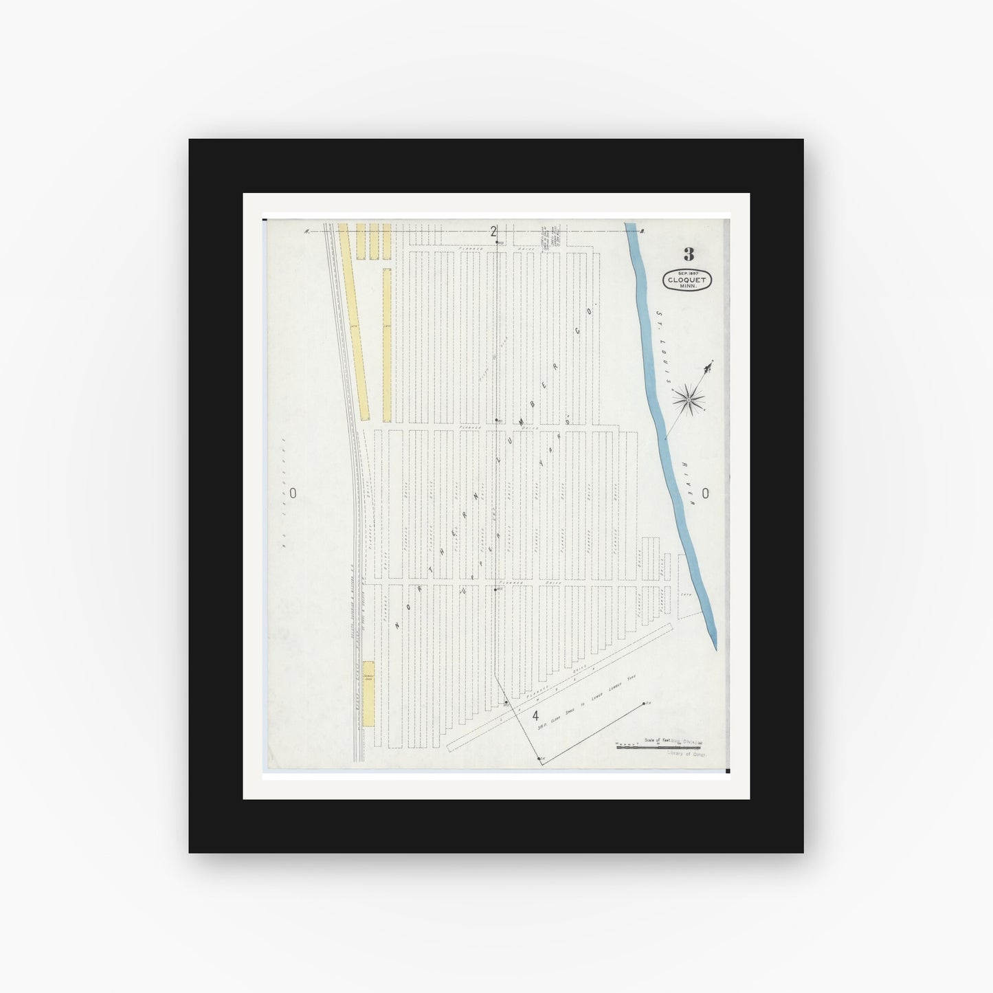 Old map wall art mockup — black gallery frame with white mat — Sanborn Fire Insurance Map from Cloquet, Carlton County, Minnesota (1897), Sheet #0003