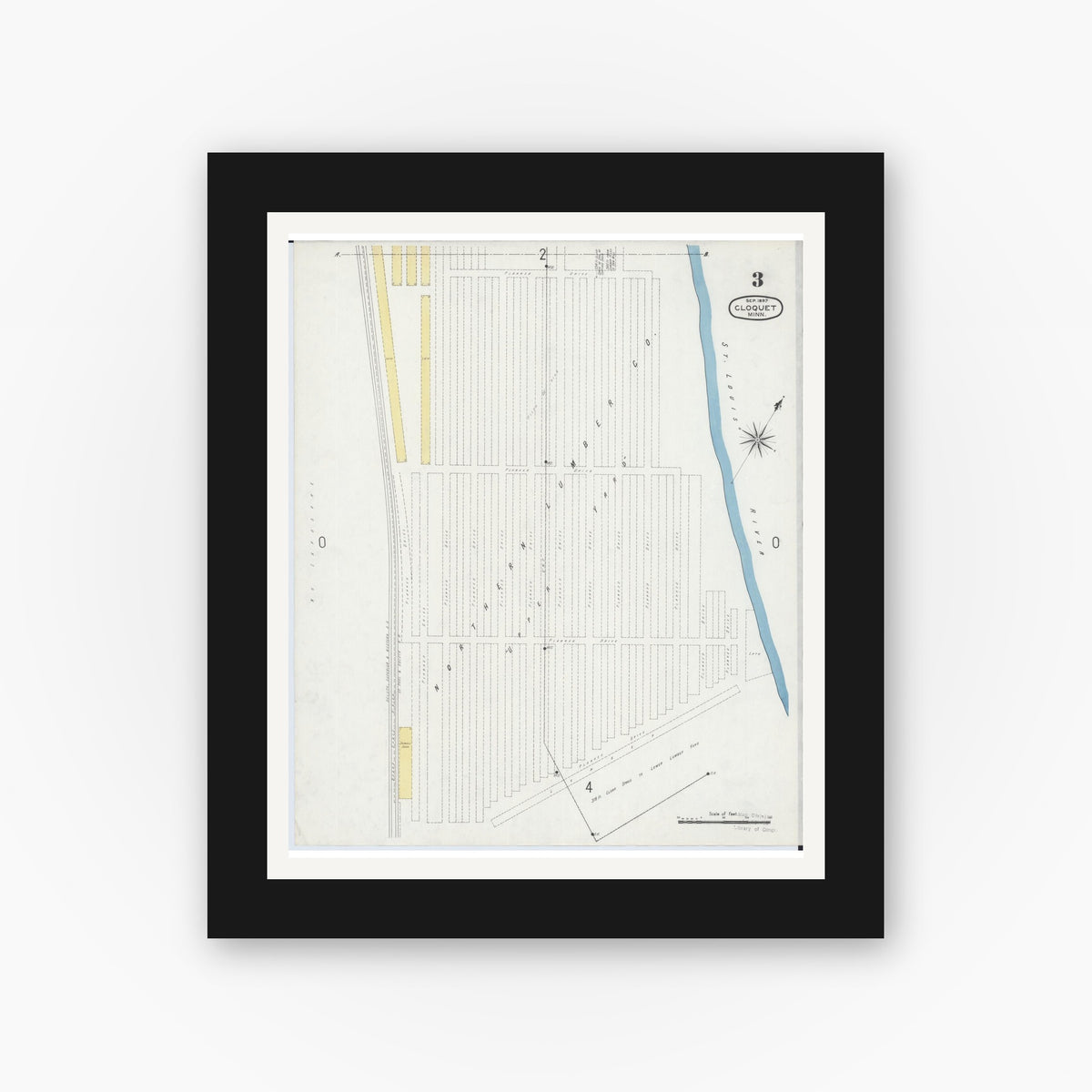 Old map wall art mockup — black gallery frame with white mat — Sanborn Fire Insurance Map from Cloquet, Carlton County, Minnesota (1897), Sheet #0003