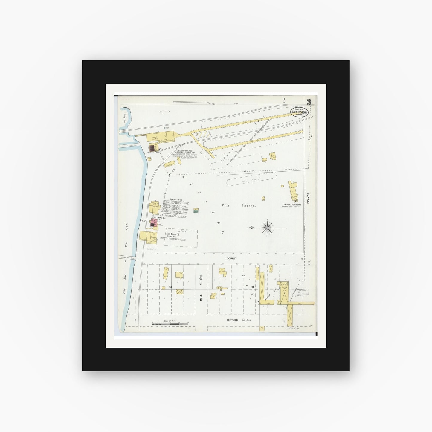 Old map wall art mockup — black gallery frame with white mat — Sanborn Fire Insurance Map from Standish, Arenac County, Michigan (1901), Sheet #0003