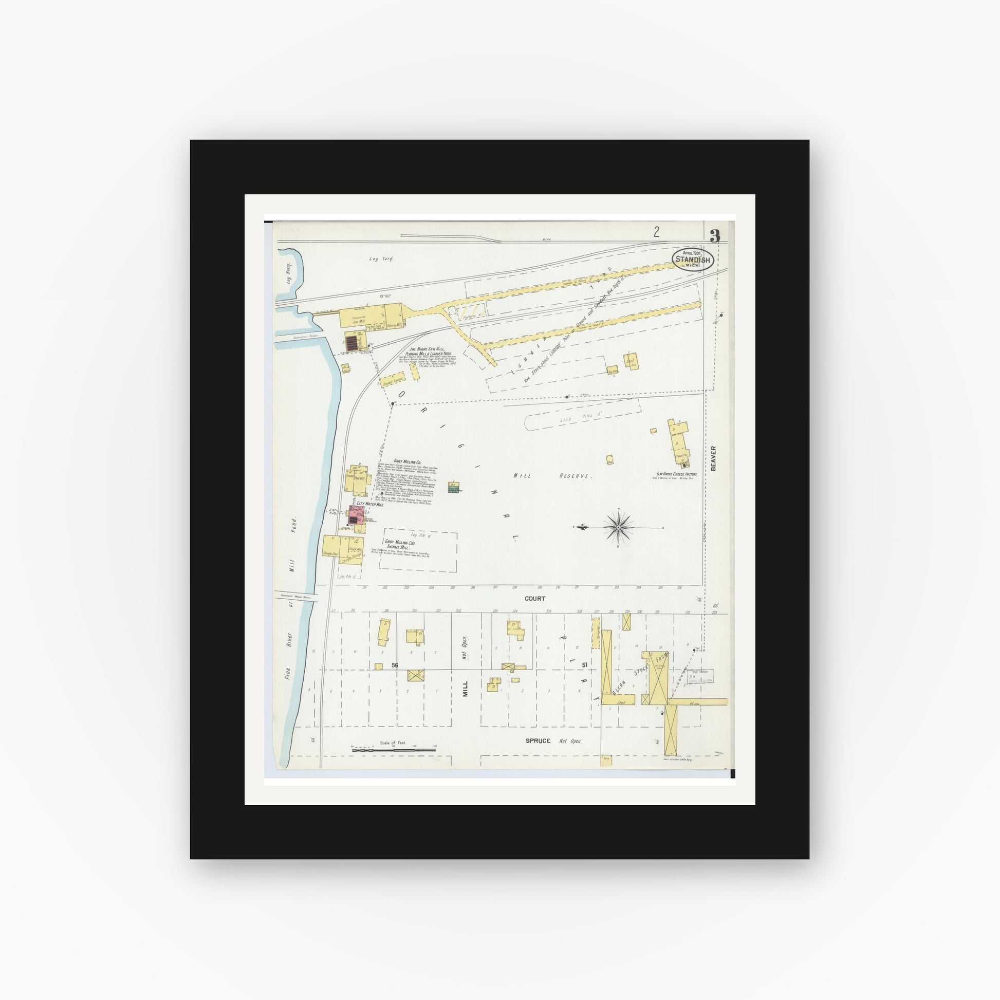 Old map wall art mockup — black gallery frame with white mat — Sanborn Fire Insurance Map from Standish, Arenac County, Michigan (1901), Sheet #0003