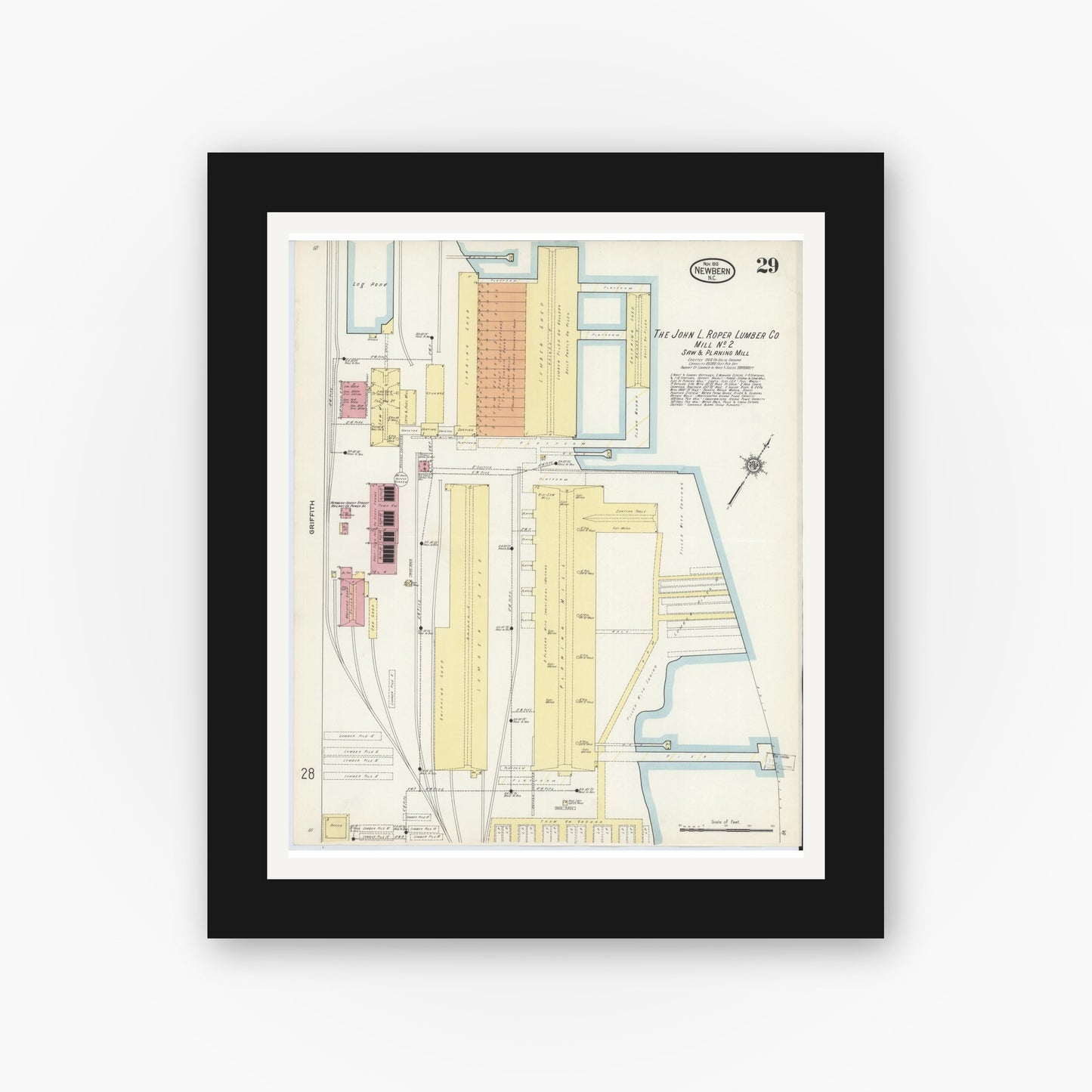 Old map wall art mockup — black gallery frame with white mat — Sanborn Fire Insurance Map from New Bern, Craven County, North Carolina (1913), Sheet #0029