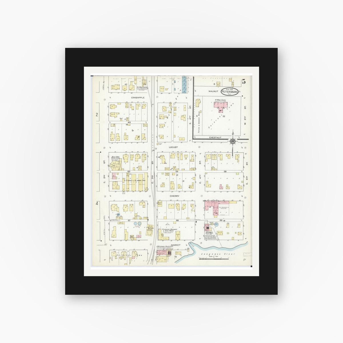 Old map wall art mockup — black gallery frame with white mat — Sanborn Fire Insurance Map from Petersburg, Menard County, Illinois (1914), Sheet #0005