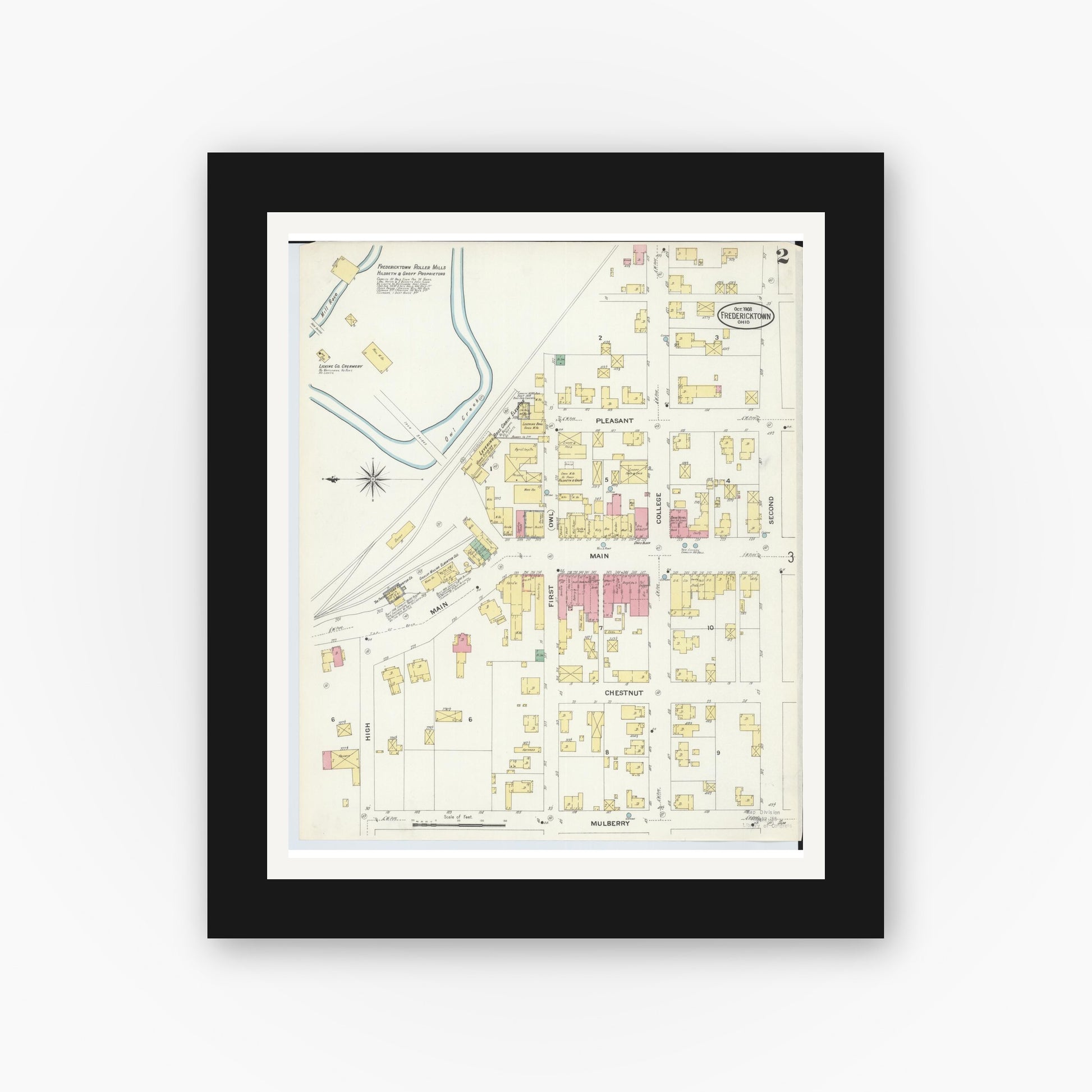 Old map wall art mockup — black gallery frame with white mat — Sanborn Fire Insurance Map from Fredericktown, Knox County, Ohio (1908), Sheet #0002