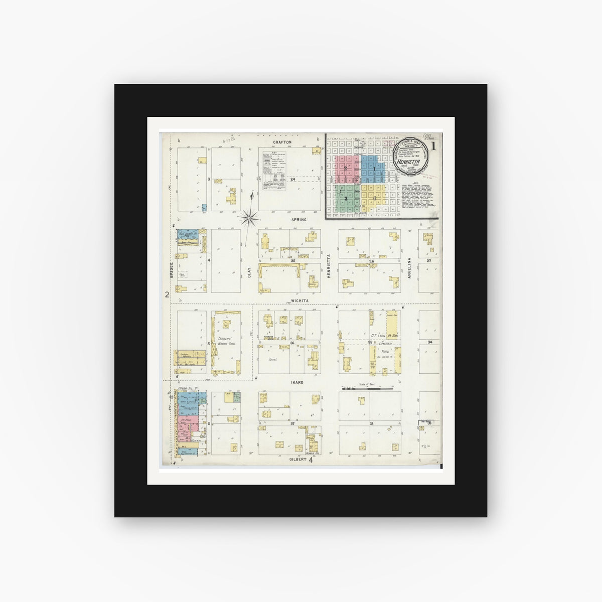 Old map wall art mockup — black gallery frame with white mat — Sanborn Fire Insurance Map from Henrietta, Clay County, Texas (1896), Sheet #0001
