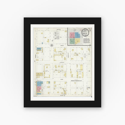 Old map wall art mockup — black gallery frame with white mat — Sanborn Fire Insurance Map from Henrietta, Clay County, Texas (1896), Sheet #0001