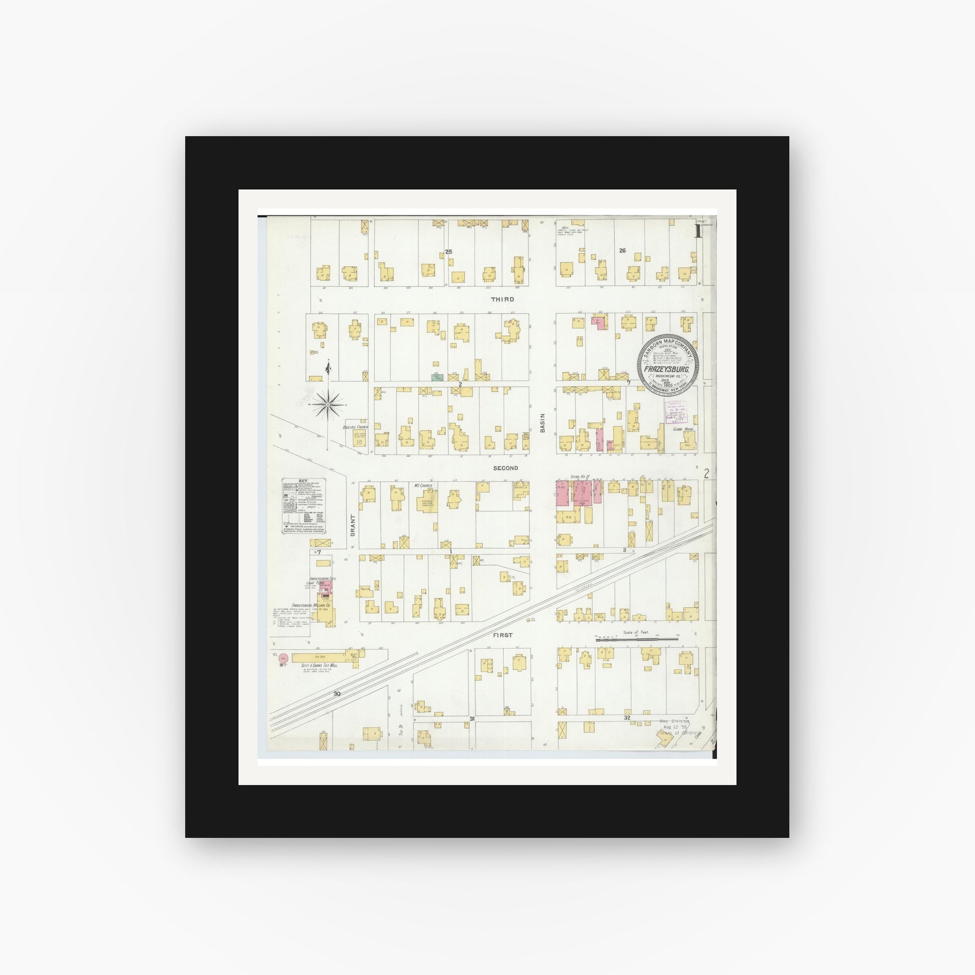 Old map wall art mockup — black gallery frame with white mat — Sanborn Fire Insurance Map from Frazeysburg, Muskingum County, Ohio (1905) - Complete Map Set