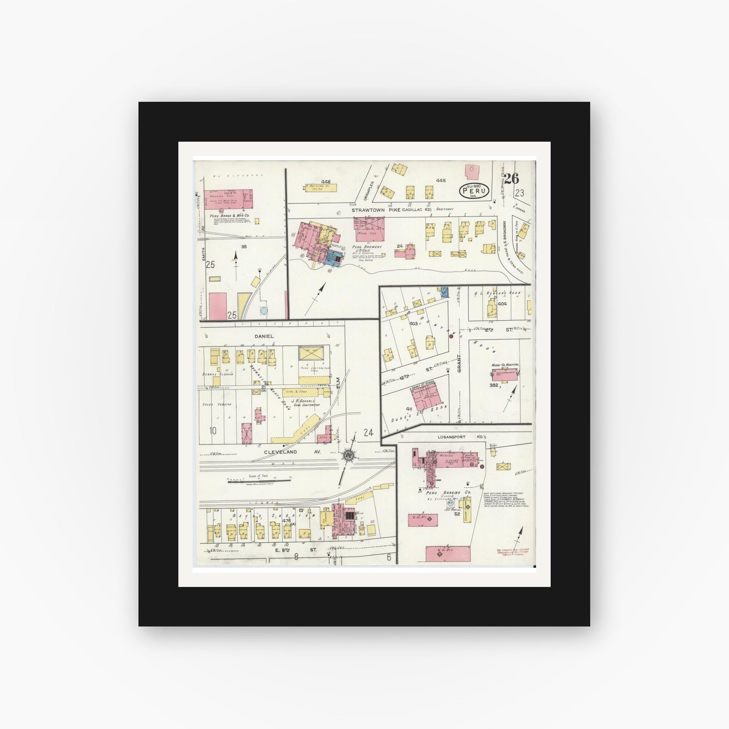 Old map wall art mockup — black gallery frame with white mat — Sanborn Fire Insurance Map from Peru, Miami County, Indiana (1920), Sheet #0026