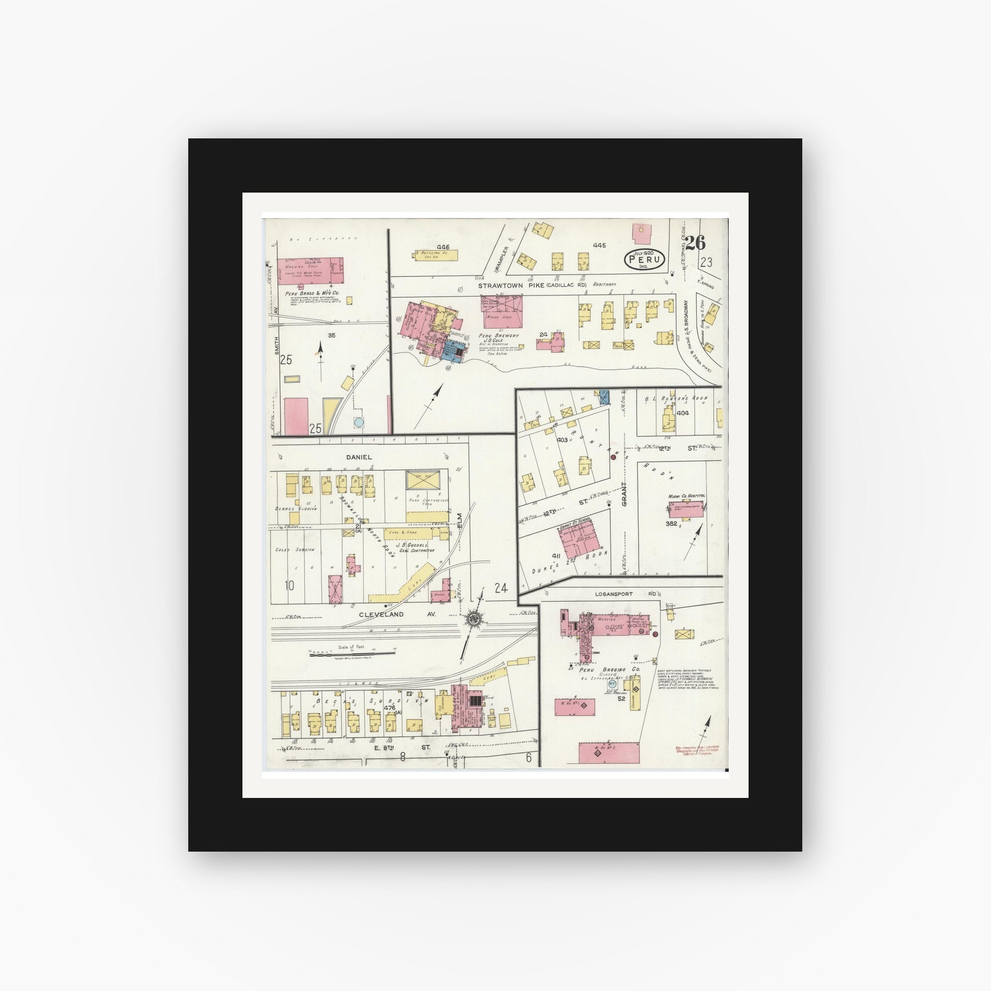 Old map wall art mockup — black gallery frame with white mat — Sanborn Fire Insurance Map from Peru, Miami County, Indiana (1920), Sheet #0026