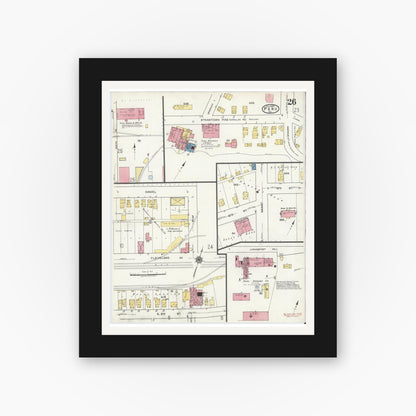 Old map wall art mockup — black gallery frame with white mat — Sanborn Fire Insurance Map from Peru, Miami County, Indiana (1920), Sheet #0026