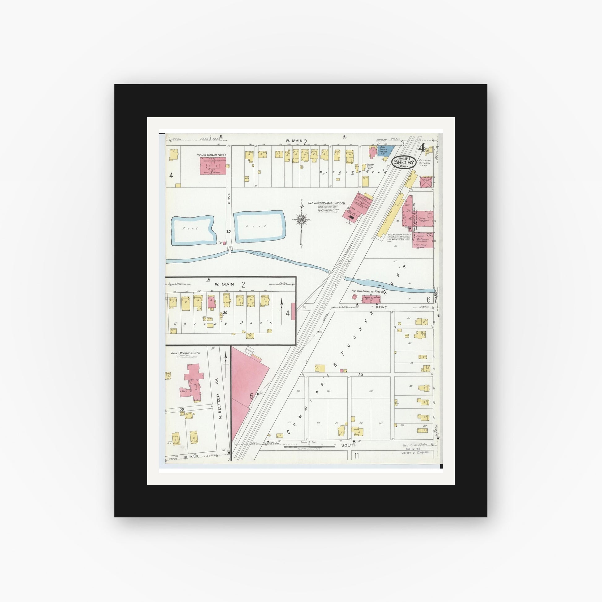 Old map wall art mockup — black gallery frame with white mat — Sanborn Fire Insurance Map from Shelby, Richland County, Ohio (1919), Sheet #0004