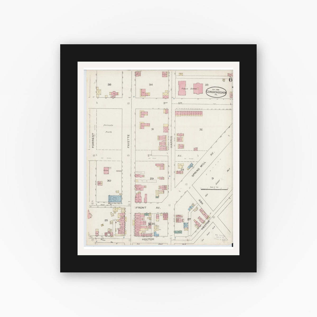 Old map wall art mockup — black gallery frame with white mat — Sanborn Fire Insurance Map from Conshohocken, Montgomery County, Pennsylvania (1886), Sheet #0006