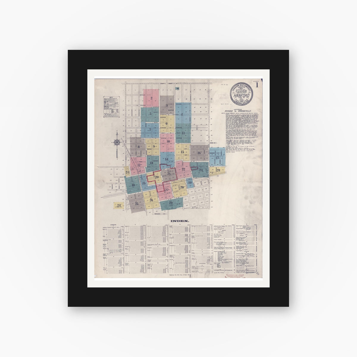 Old map wall art mockup — black gallery frame with white mat — Sanborn Fire Insurance Map from Hanford, Kings County, California (1913) - Complete Map Set