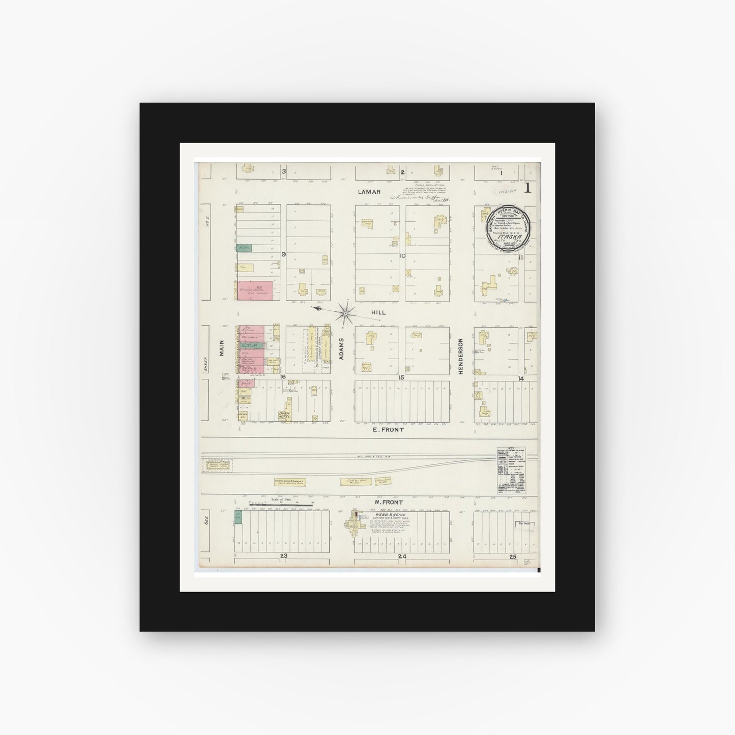 Old map wall art mockup — black gallery frame with white mat — Sanborn Fire Insurance Map from Itasca, Hill County, Texas (1891), Sheet #0001
