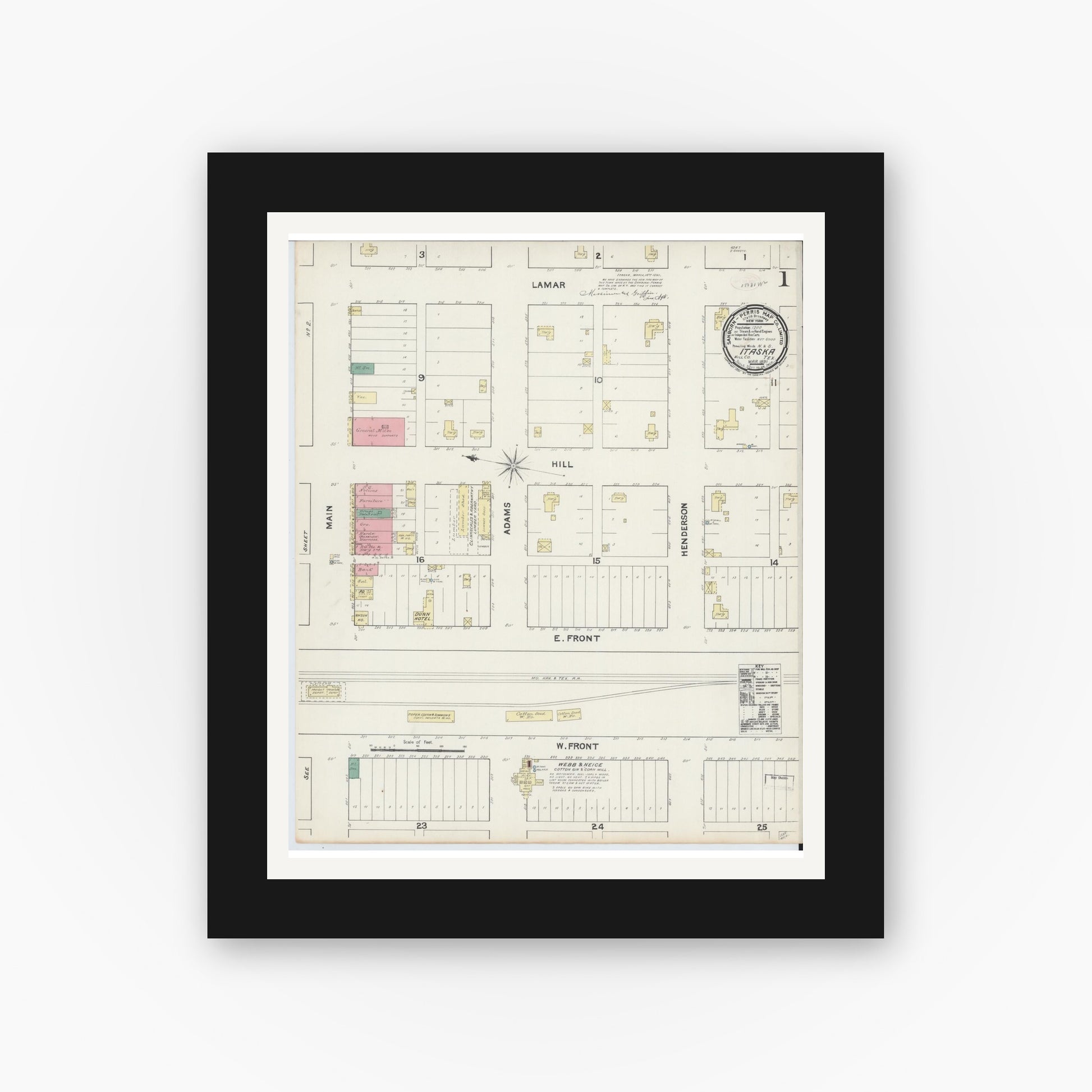 Old map wall art mockup — black gallery frame with white mat — Sanborn Fire Insurance Map from Itasca, Hill County, Texas (1891), Sheet #0001