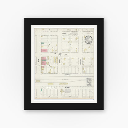 Old map wall art mockup — black gallery frame with white mat — Sanborn Fire Insurance Map from Itasca, Hill County, Texas (1891), Sheet #0001