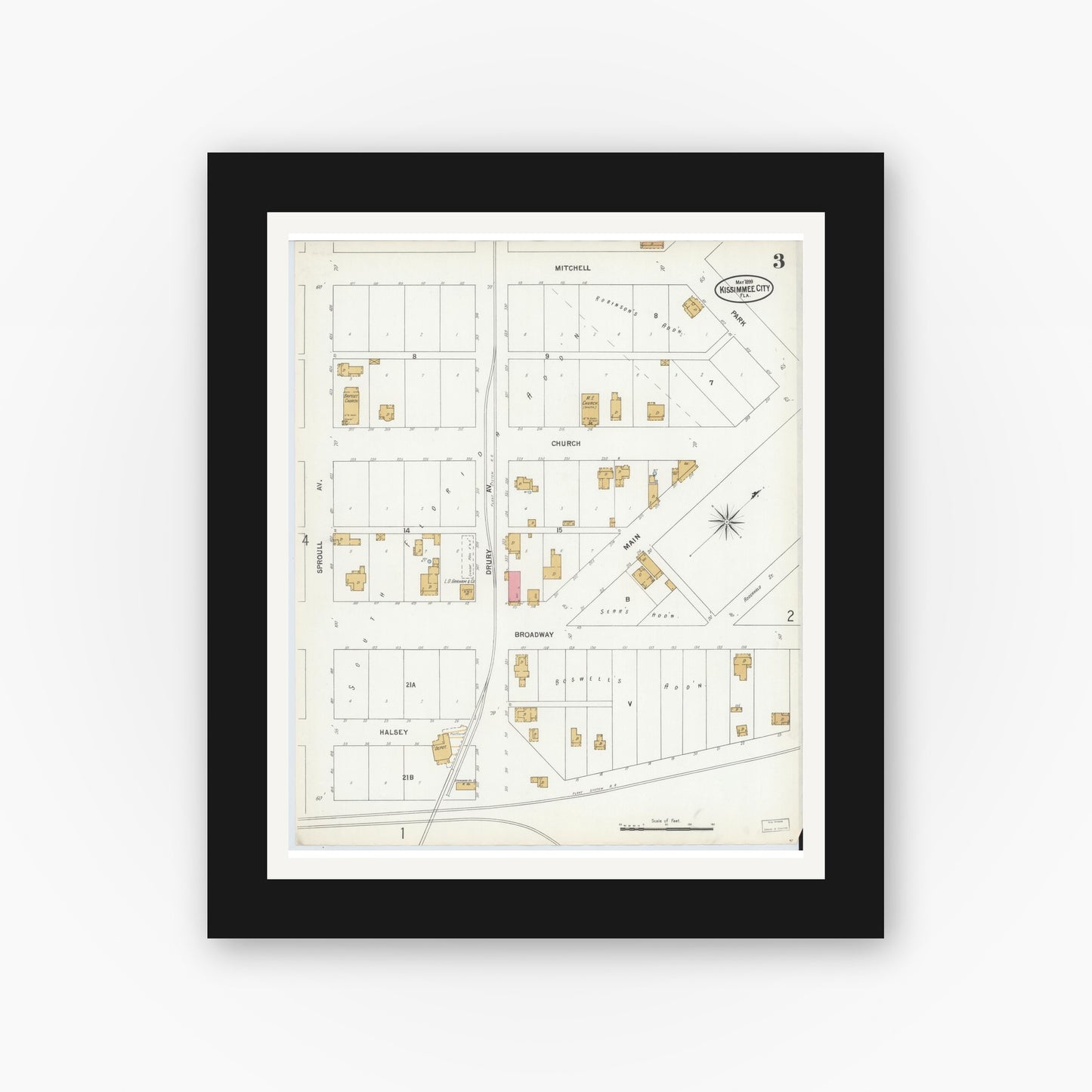 Old map wall art mockup — black gallery frame with white mat — Sanborn Fire Insurance Map from Kissimmee, Osceola County, Florida (1899), Sheet #0003