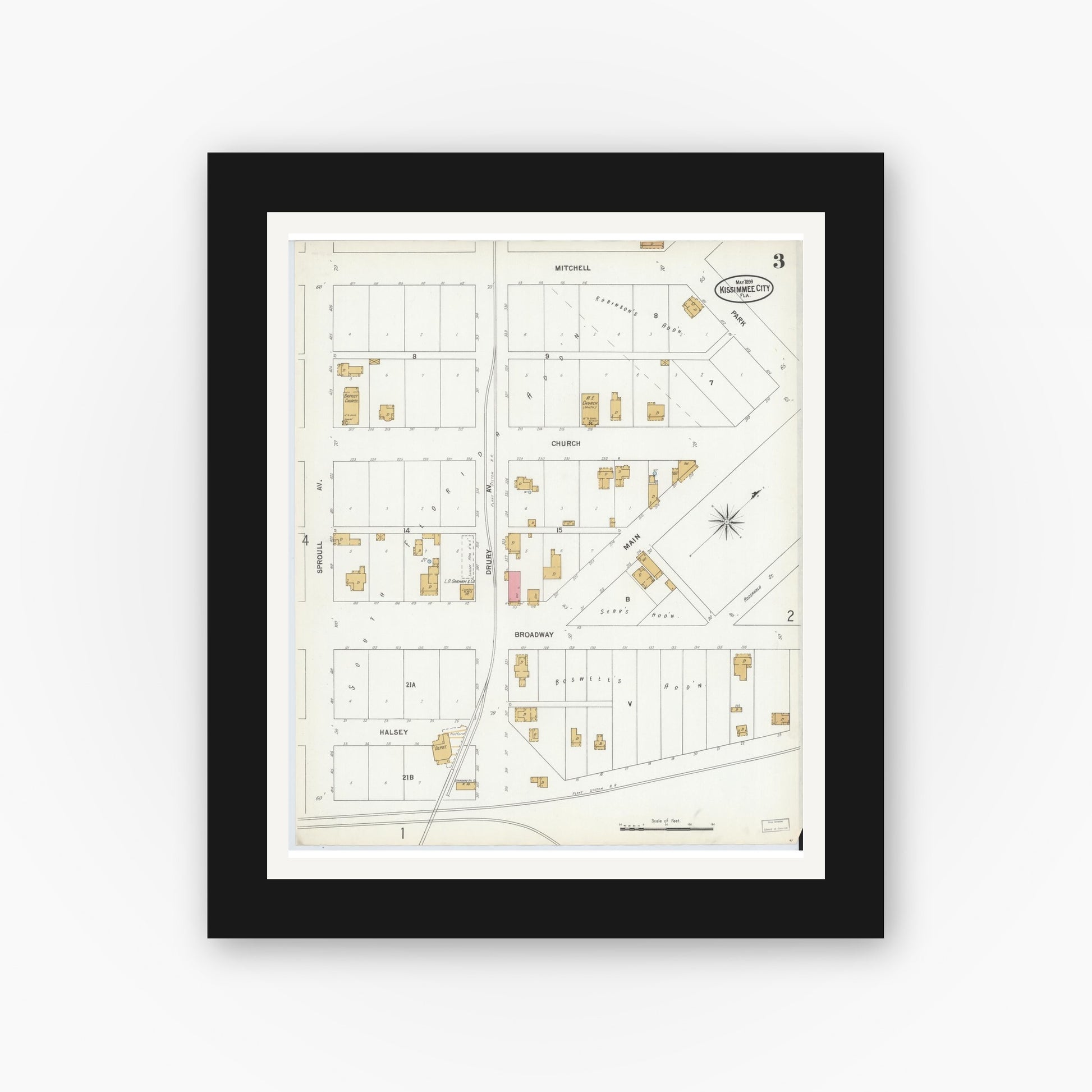 Old map wall art mockup — black gallery frame with white mat — Sanborn Fire Insurance Map from Kissimmee, Osceola County, Florida (1899), Sheet #0003