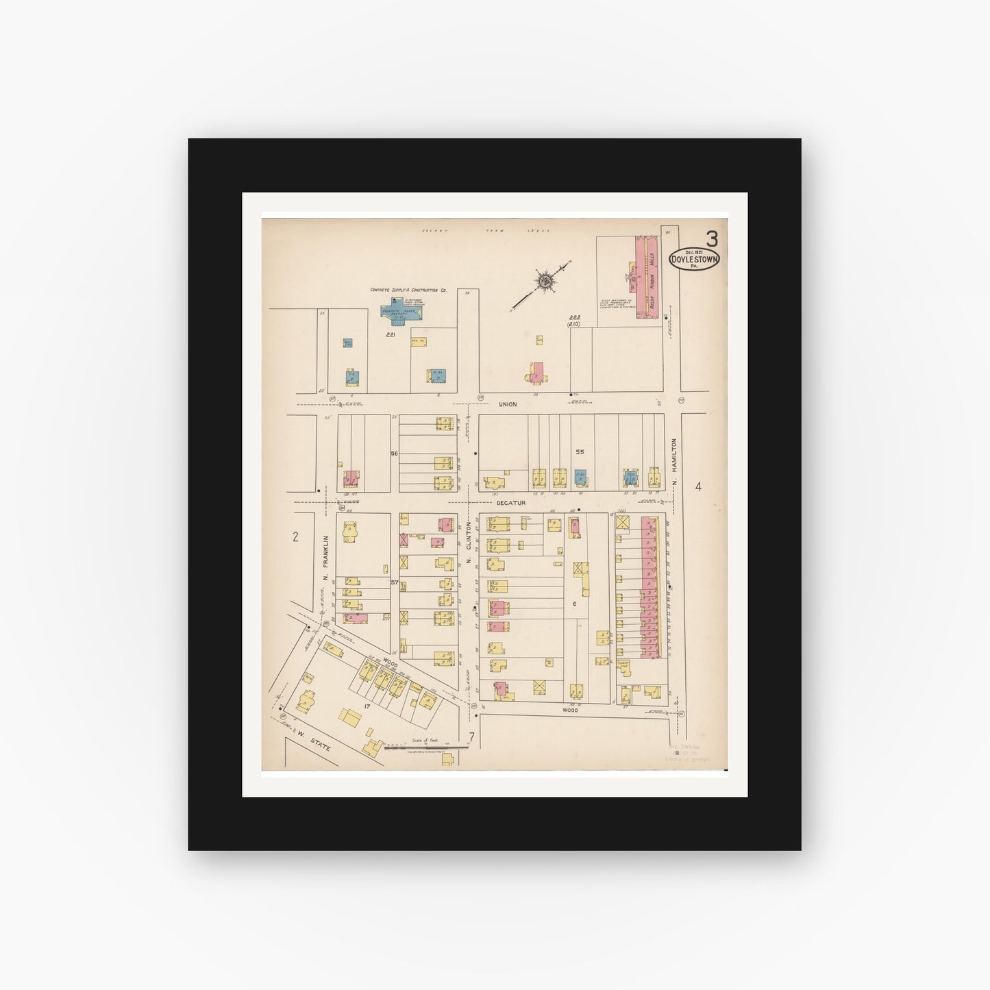 Old map wall art mockup — black gallery frame with white mat — Sanborn Fire Insurance Map from Doylestown, Bucks County, Pennsylvania (1922), Sheet #0003