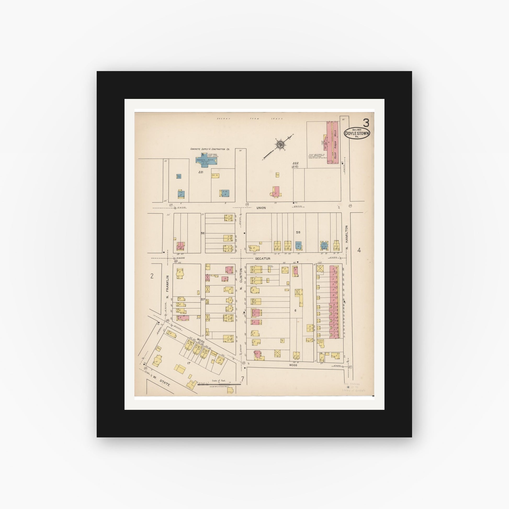 Old map wall art mockup — black gallery frame with white mat — Sanborn Fire Insurance Map from Doylestown, Bucks County, Pennsylvania (1922), Sheet #0003