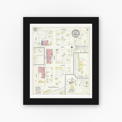 Old map wall art mockup — black gallery frame with white mat — Sanborn Fire Insurance Map from Franklin, Robertson County, Texas (1910), Sheet #0001