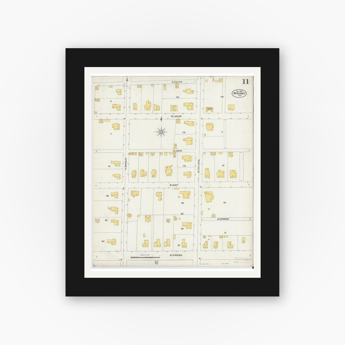 Old map wall art mockup — black gallery frame with white mat — Sanborn Fire Insurance Map from McKinney, Collin County, Texas (1902), Sheet #0011