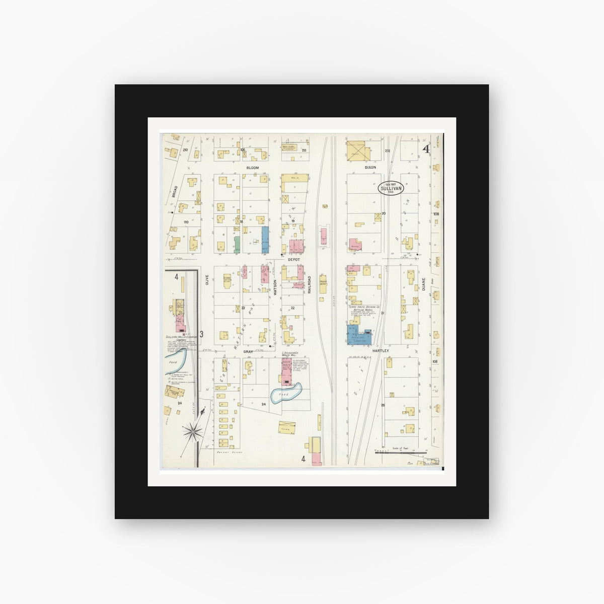 Old map wall art mockup — black gallery frame with white mat — Sanborn Fire Insurance Map from Sullivan, Sullivan County, Indiana (1907), Sheet #0004