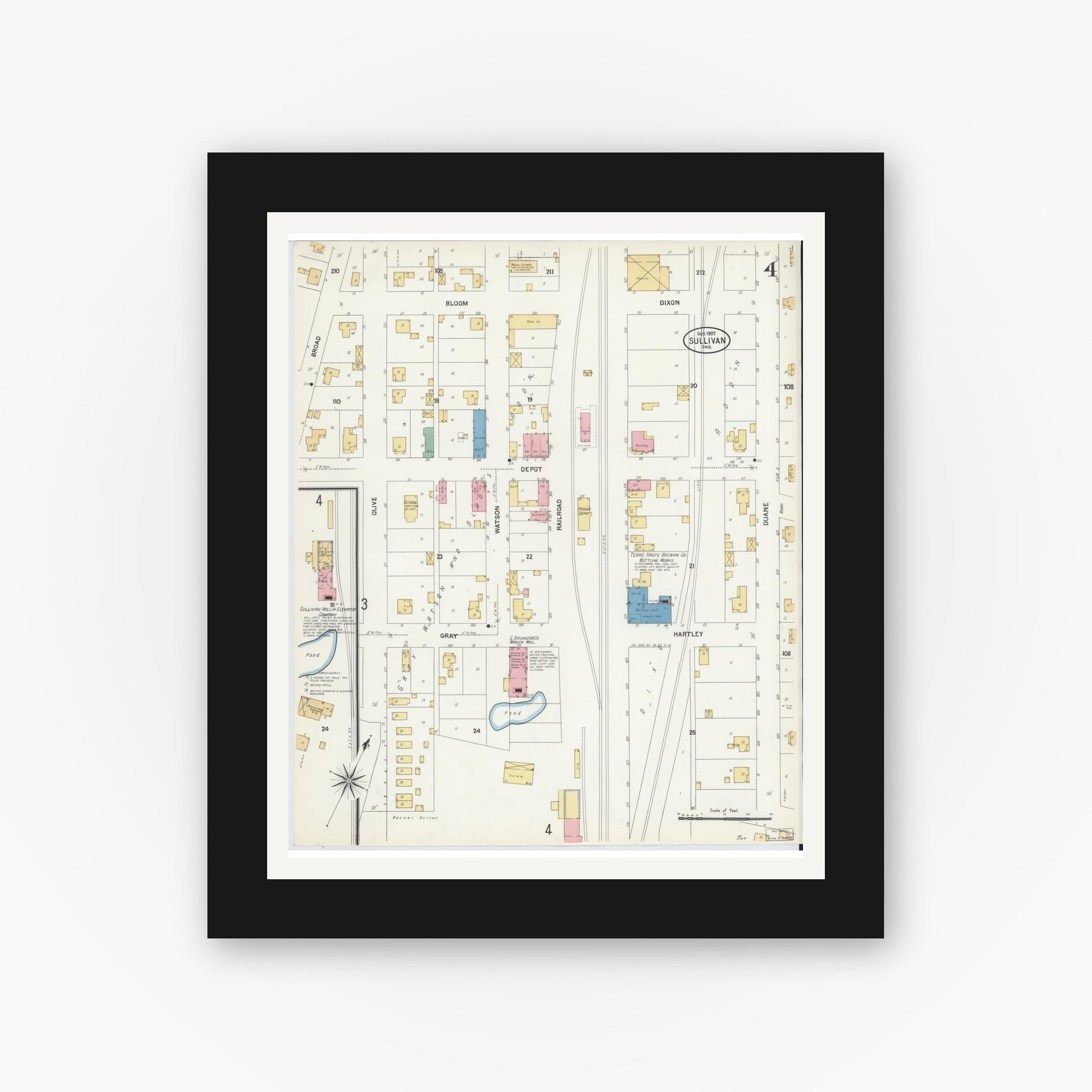 Old map wall art mockup — black gallery frame with white mat — Sanborn Fire Insurance Map from Sullivan, Sullivan County, Indiana (1907), Sheet #0004