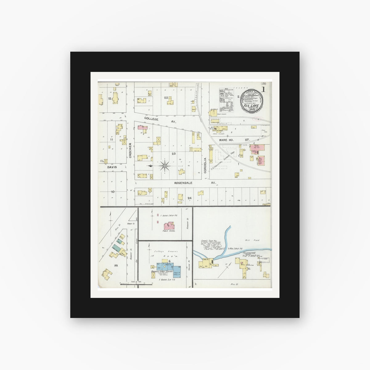 Old map wall art mockup — black gallery frame with white mat — Sanborn Fire Insurance Map from Fox Lake, Dodge County, Wisconsin (1892) - Complete Map Set