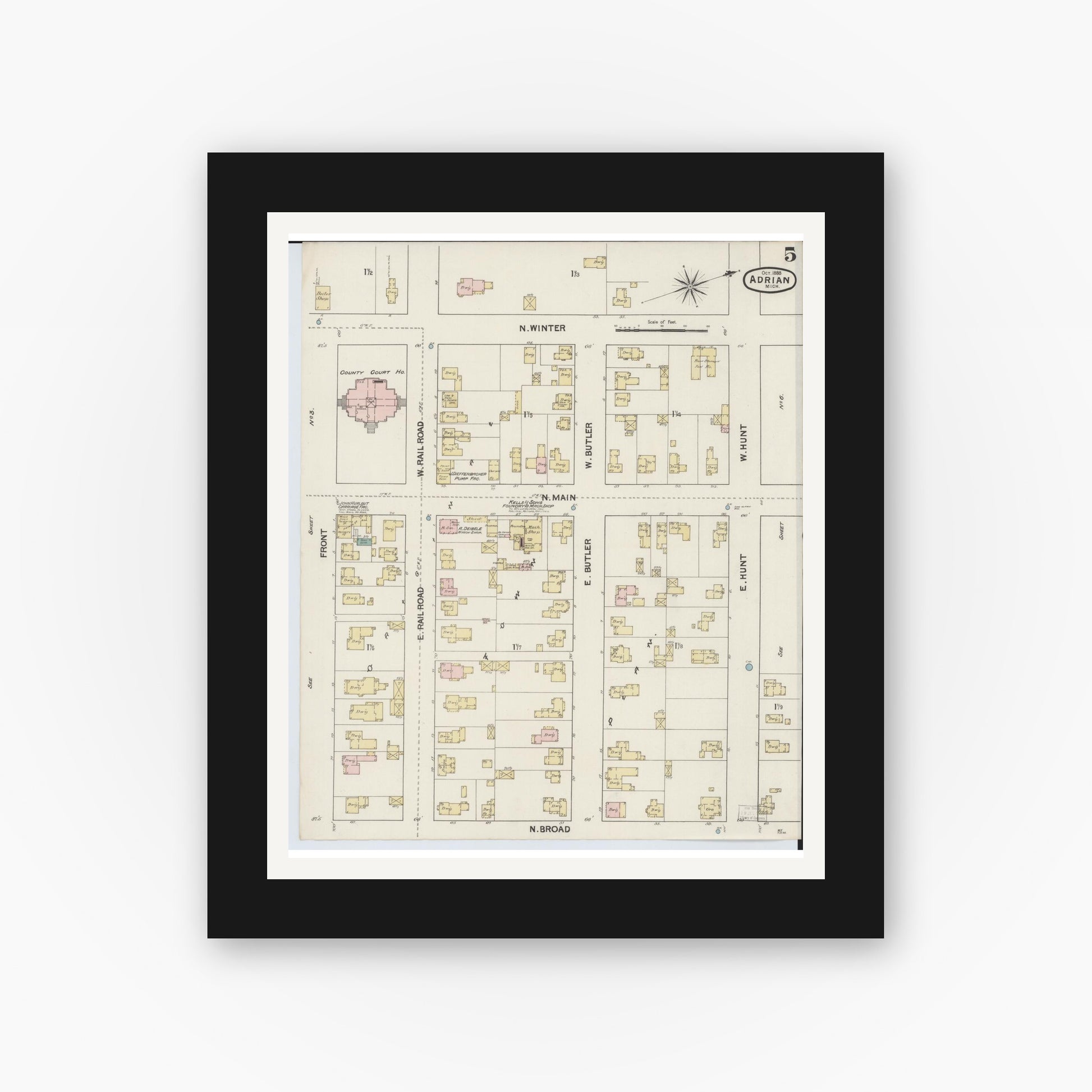 Old map wall art mockup — black gallery frame with white mat — Sanborn Fire Insurance Map from Adrian, Lenawee County, Michigan (1888), Sheet #0005