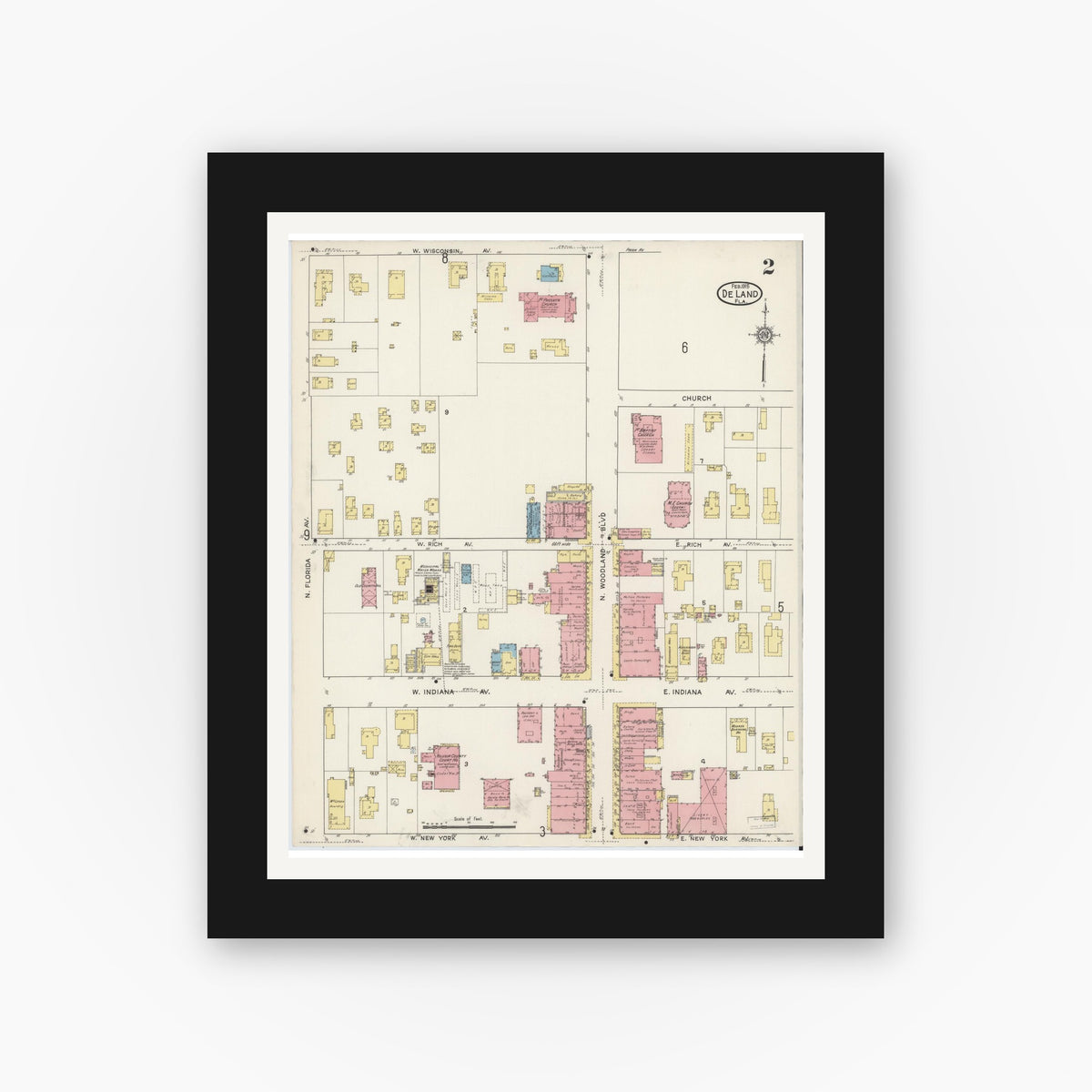 Old map wall art mockup — black gallery frame with white mat — Sanborn Fire Insurance Map from De Land, Volusia County, Florida (1915), Sheet #0002
