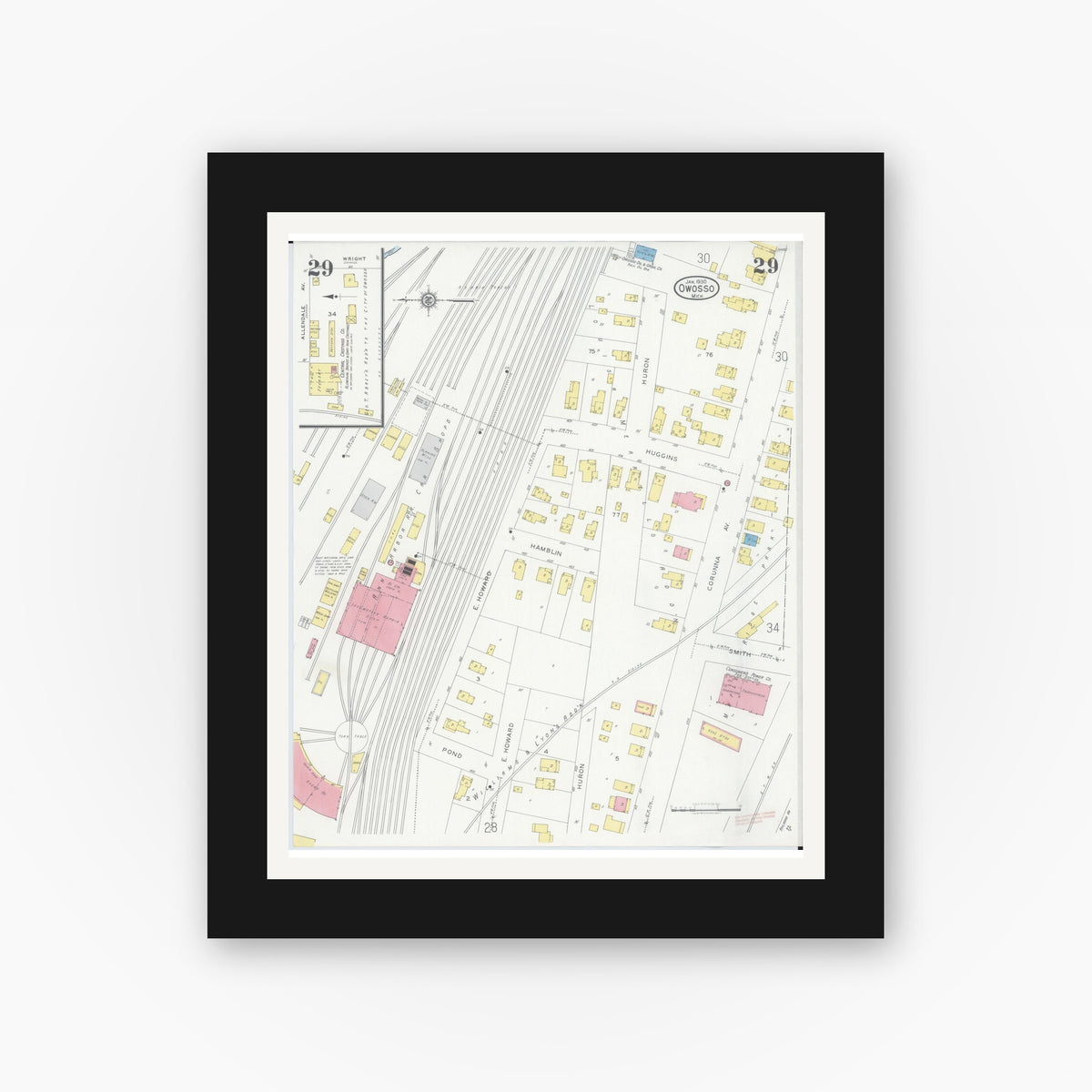 Old map wall art mockup — black gallery frame with white mat — Sanborn Fire Insurance Map from Owosso, Shiawassee County, Michigan (1930), Sheet #0029
