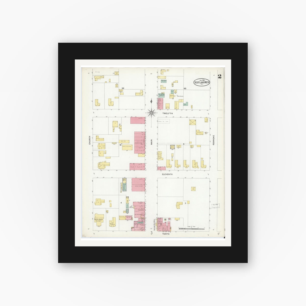 Old map wall art mockup — black gallery frame with white mat — Sanborn Fire Insurance Map from Scotland Neck, Halifax County, North Carolina (1908), Sheet #0002
