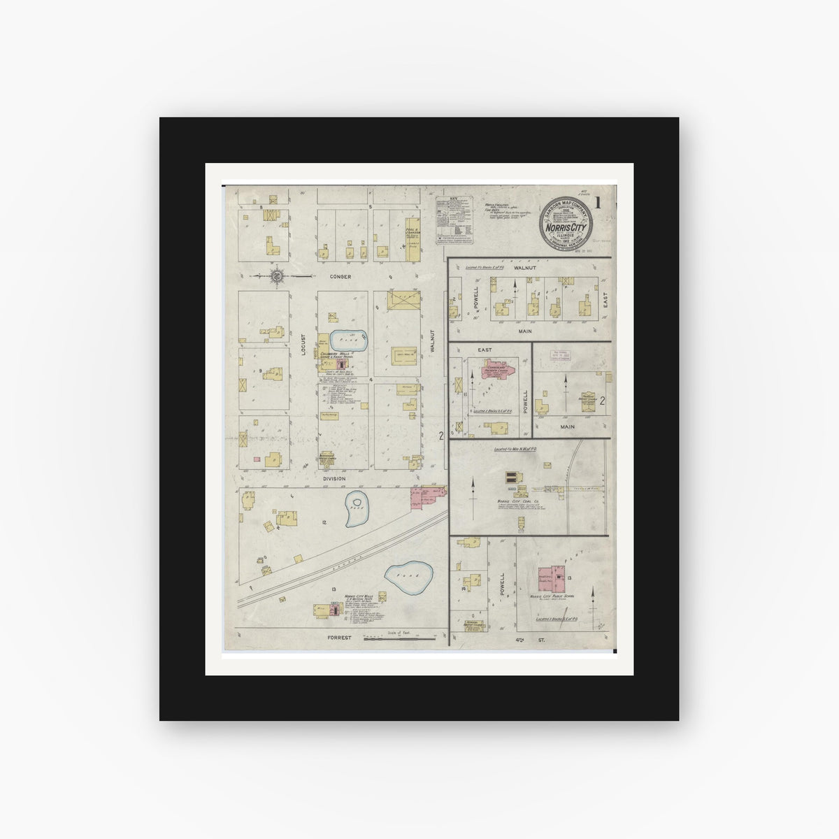 Old map wall art mockup — black gallery frame with white mat — Sanborn Fire Insurance Map from Norris City, White County, Illinois (1912), Sheet #0001