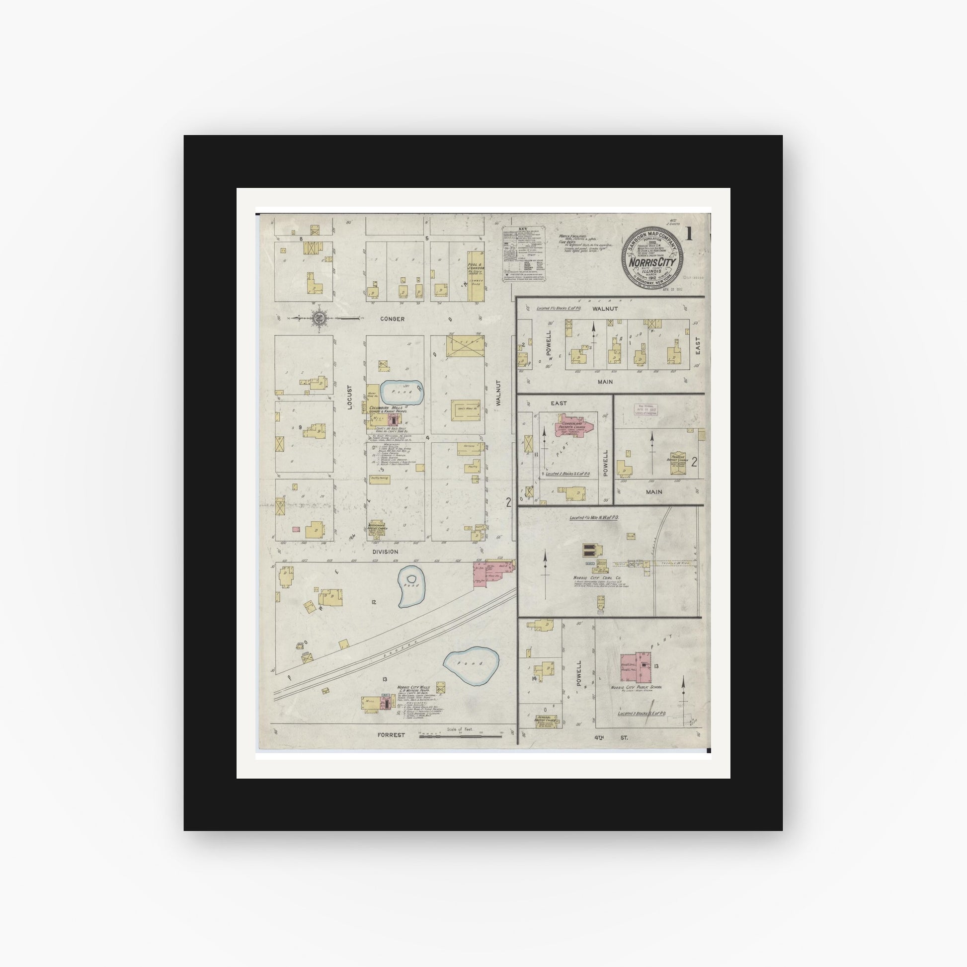 Old map wall art mockup — black gallery frame with white mat — Sanborn Fire Insurance Map from Norris City, White County, Illinois (1912), Sheet #0001