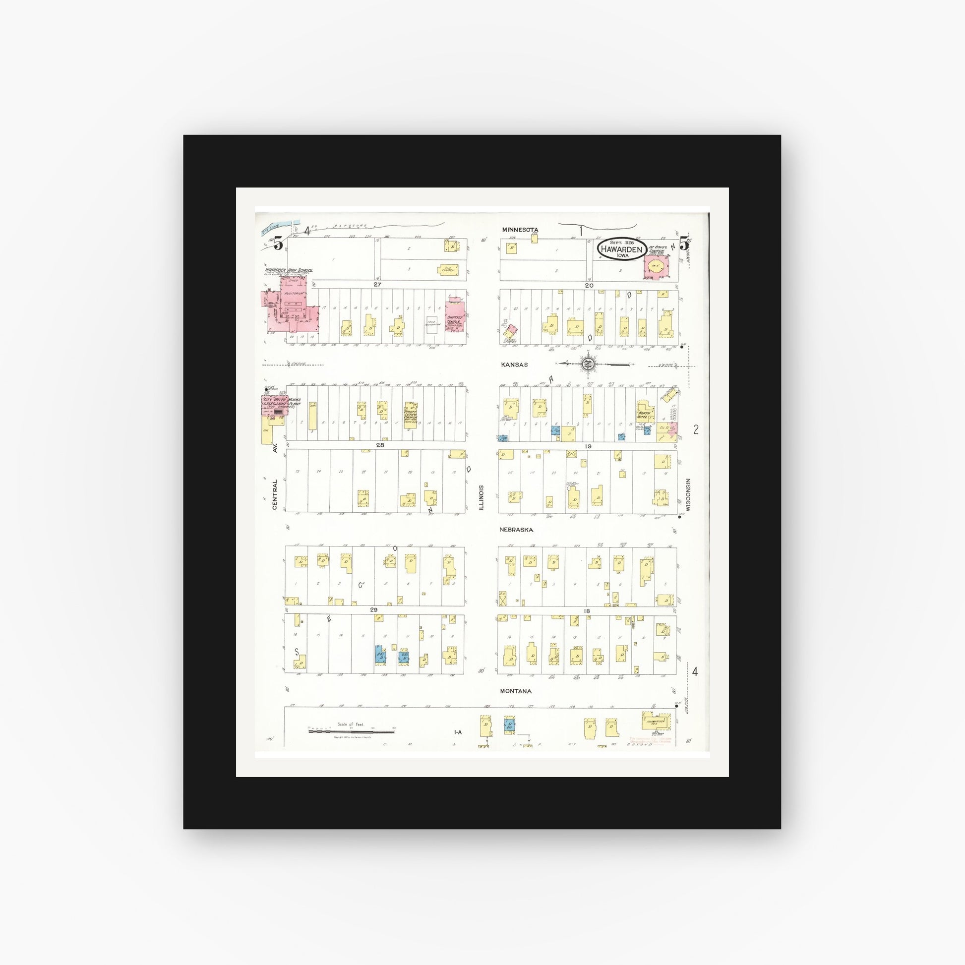 Old map wall art mockup — black gallery frame with white mat — Sanborn Fire Insurance Map from Hawarden, Sioux County, Iowa (1924), Sheet #0005
