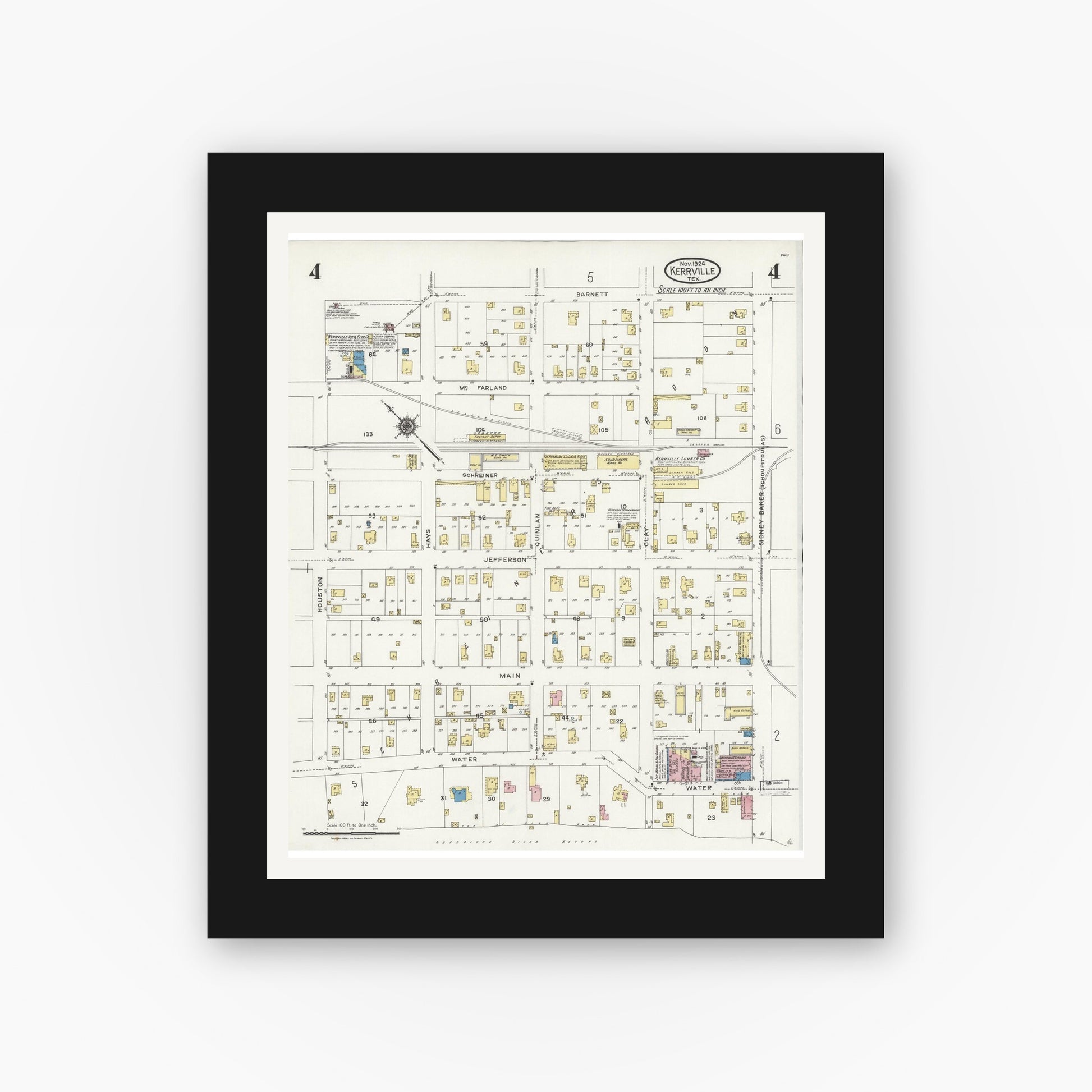 Old map wall art mockup — black gallery frame with white mat — Sanborn Fire Insurance Map from Kerrville, Kerr County, Texas (1924), Sheet #0004