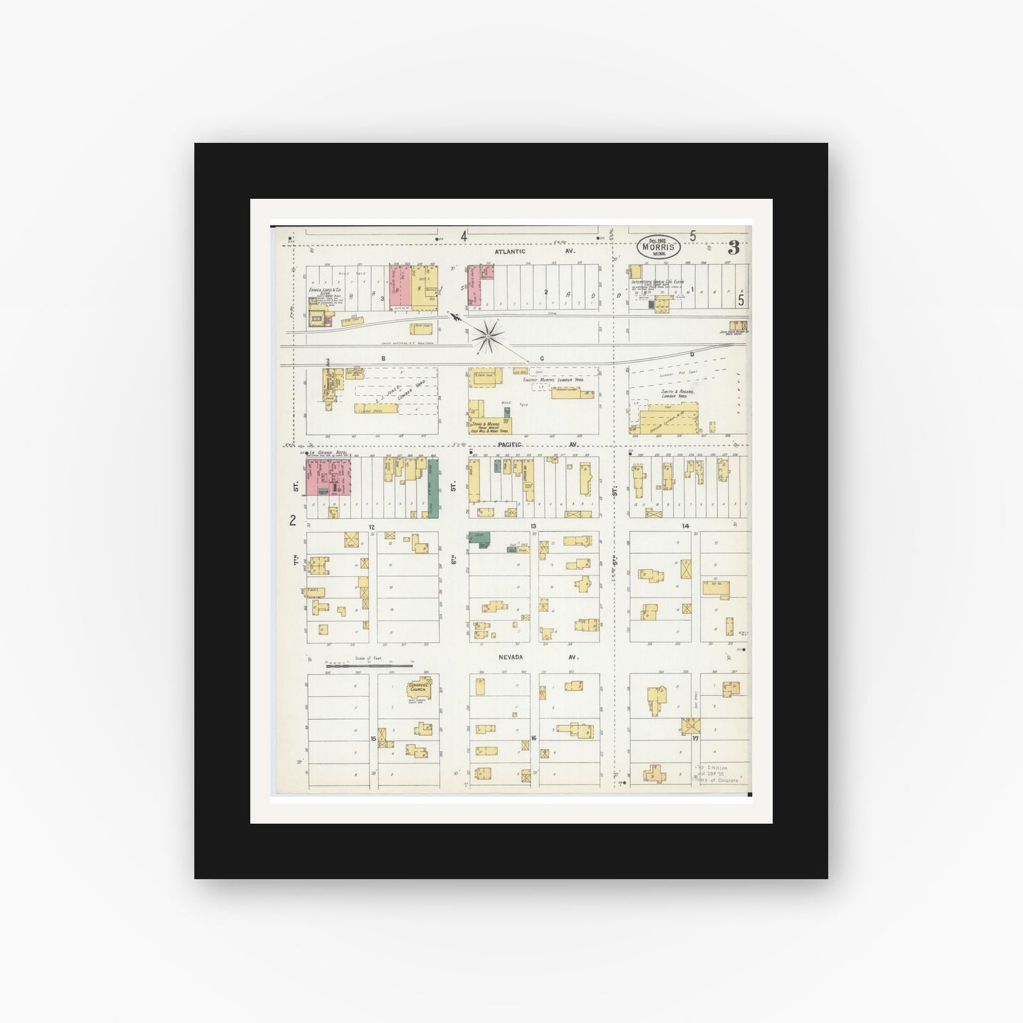 Old map wall art mockup — black gallery frame with white mat — Sanborn Fire Insurance Map from Morris, Stevens County, Minnesota (1902), Sheet #0003