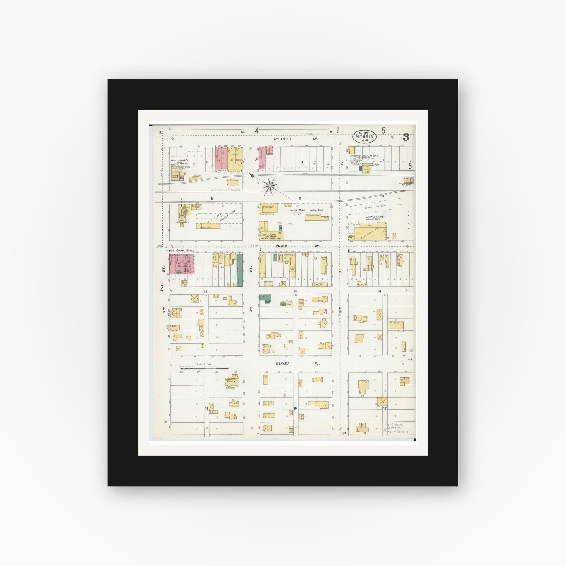 Old map wall art mockup — black gallery frame with white mat — Sanborn Fire Insurance Map from Morris, Stevens County, Minnesota (1902), Sheet #0003